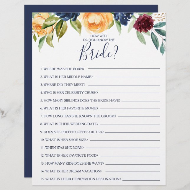 How Well Do You Know the Bride Bridal Shower Game (Front/Back)