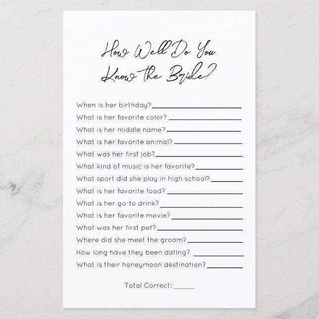 How Well Do You Know The Bride- Bridal Shower Game (Front)