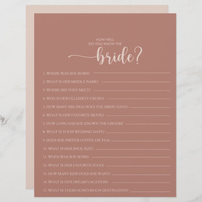 How Well Do You Know the Bride Bridal Shower Game (Front/Back)
