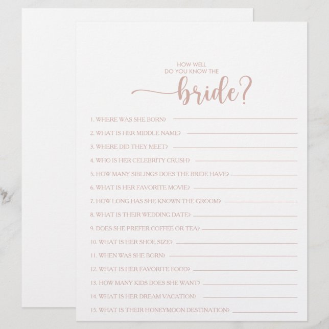 How Well Do You Know the Bride Bridal Shower Game (Front/Back)