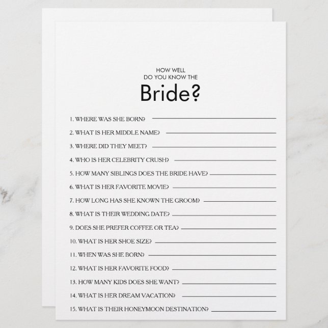 How Well Do You Know the Bride Bridal Shower Game (Front/Back)