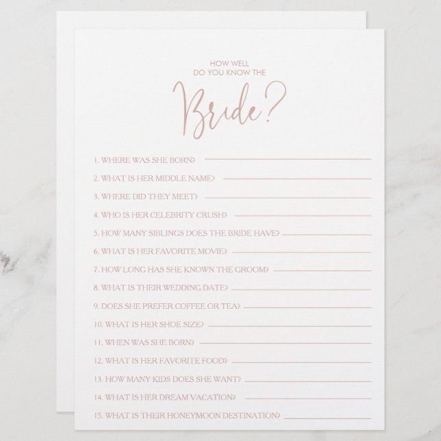 How Well Do You Know the Bride Bridal Shower Game (Front/Back)