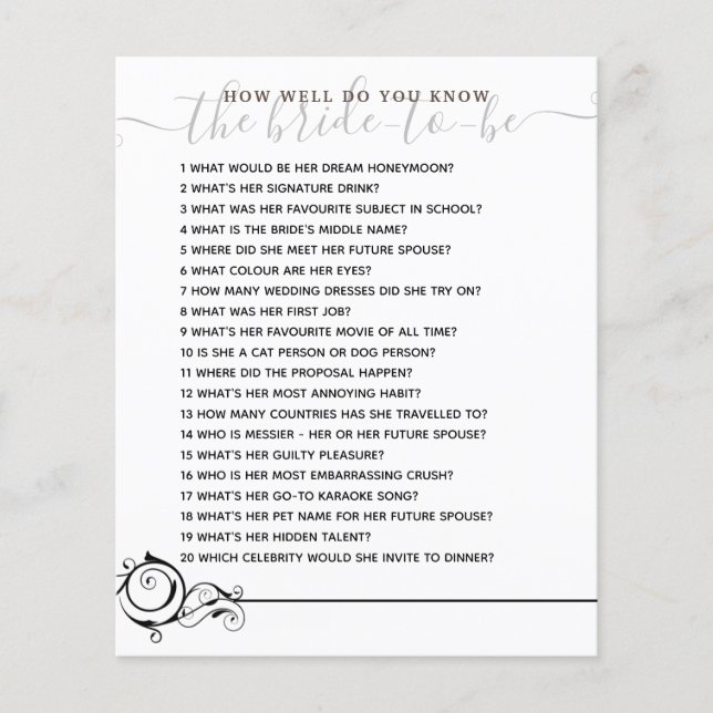 How Well Do you Know The Bride Bridal Shower Game (Front)