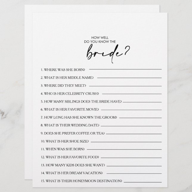 How Well Do You Know the Bride Bridal Shower Game (Front/Back)