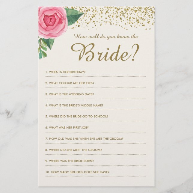 How well do you know the Bride Game (Front)