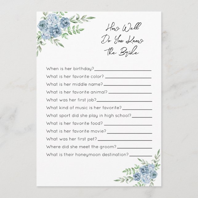 How Well Do You Know The Bride Game - Blue Floral Programme (Front)