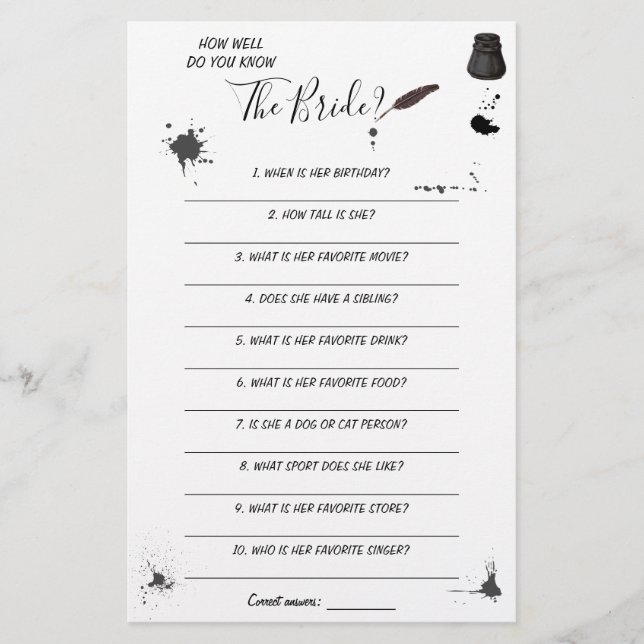 How Well Do You Know The Bride Game Card (Front)