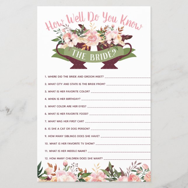 How Well Do You Know The Bride Game Flyer (Front)