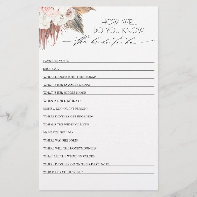 How Well Do You Know The Bride To Be Bridal Shower (Front)