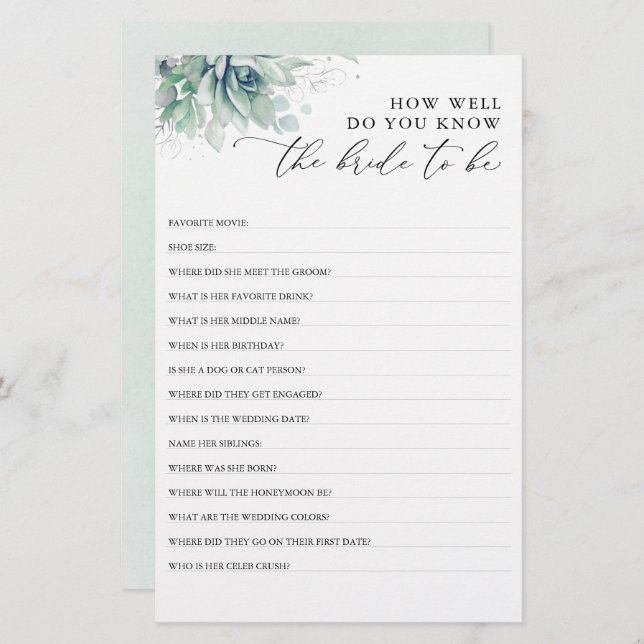 How Well Do You Know The Bride To Be Bridal Shower (Front/Back)