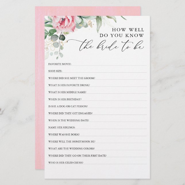 How Well Do You Know The Bride To Be Bridal Shower (Front/Back)