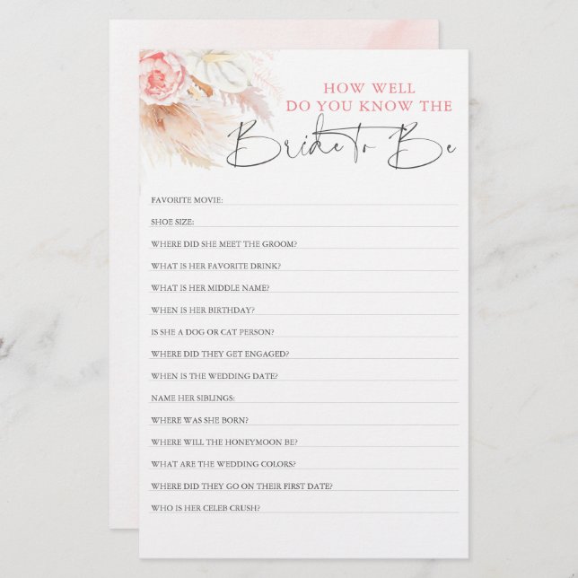 How Well Do You Know The Bride To Be Bridal Shower (Front/Back)
