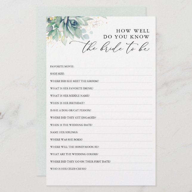 How Well Do You Know The Bride To Be Bridal Shower (Front/Back)