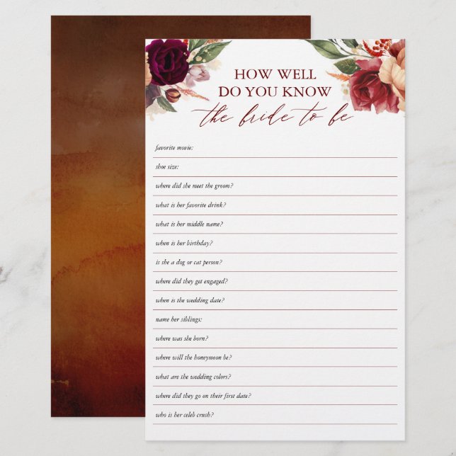 How Well Do You Know The Bride To Be Bridal Shower (Front/Back)