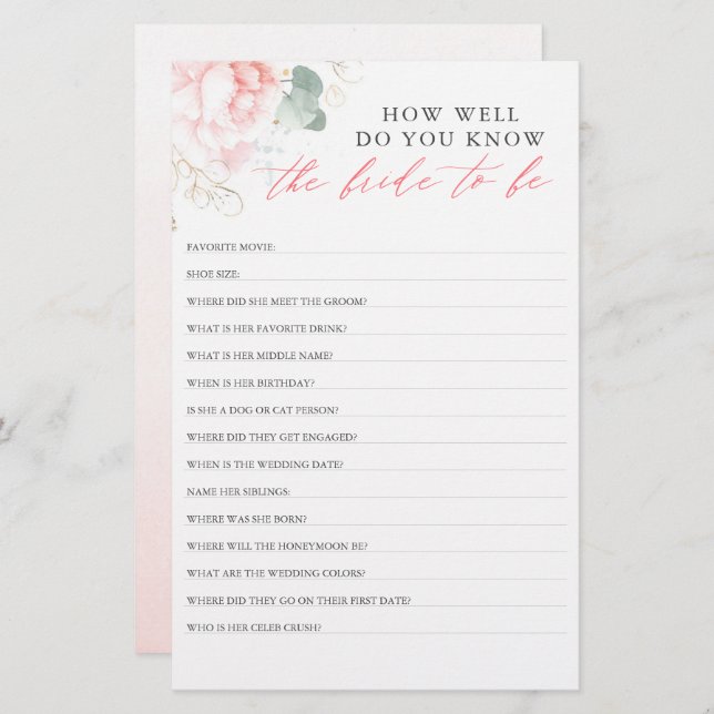 How Well Do You Know The Bride To Be Bridal Shower (Front/Back)