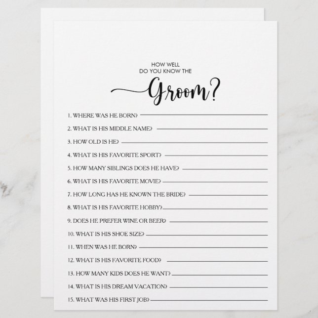 How Well Do You Know the Groom Bridal Shower Game (Front/Back)