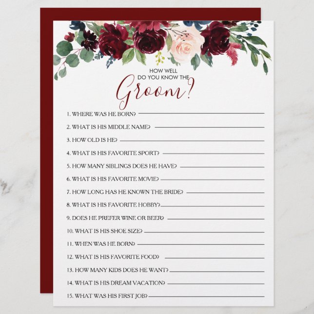 How Well Do You Know the Groom Bridal Shower Game (Front/Back)