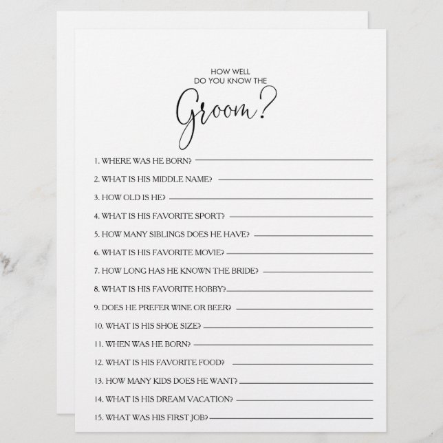 How Well Do You Know the Groom Bridal Shower Game (Front/Back)