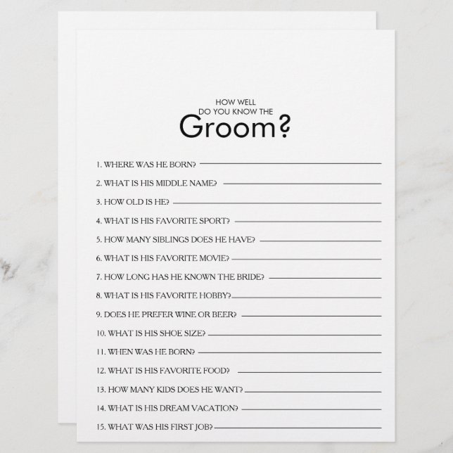 How Well Do You Know the Groom Bridal Shower Game (Front/Back)