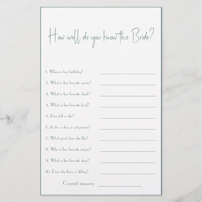 How Well Know the Bride? Bridal Shower Game Flyer (Front)