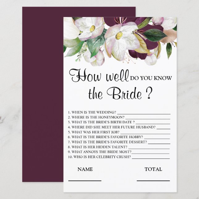 How well know the Bride Floral Bridal Game (Front/Back)