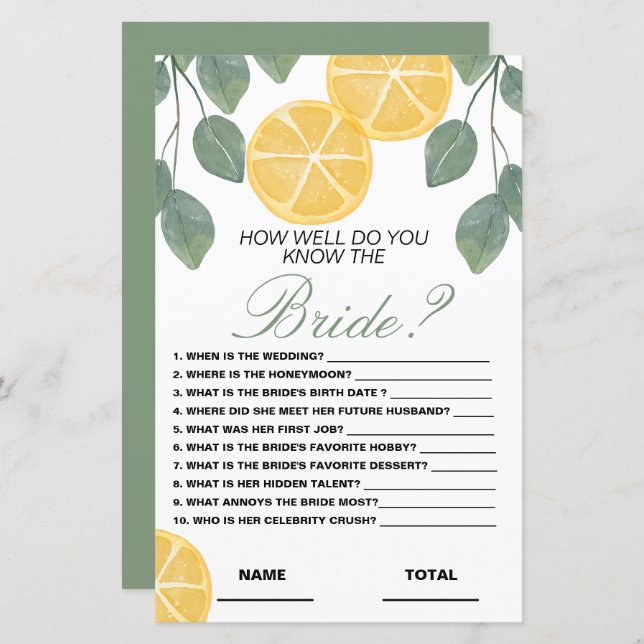 How well know the Bride Floral Bridal Game Lemon (Front/Back)