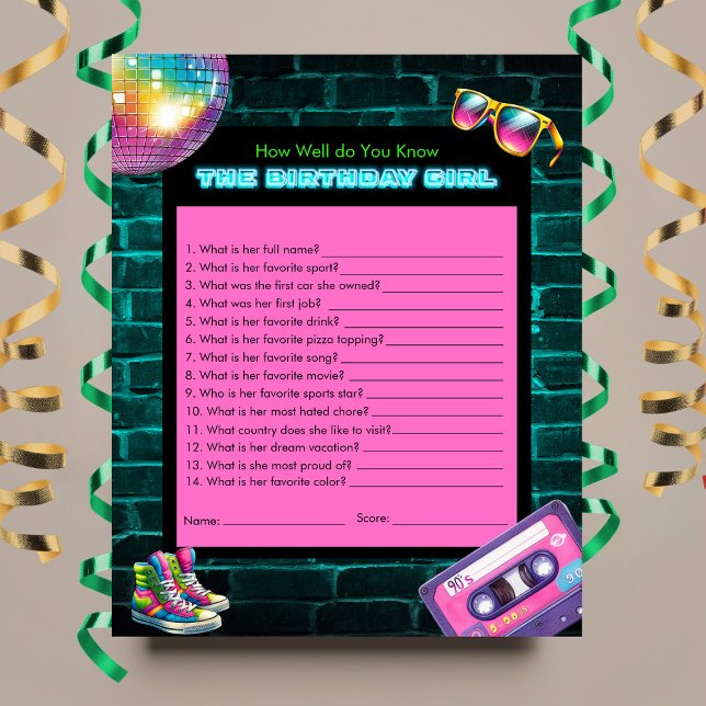 How Well You Know 90s Neon Disco Birthday Game (Creator Uploaded)