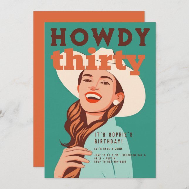 Howdy 30 Western Retro Orange Teal 30th Birthday Invitation (Front/Back)