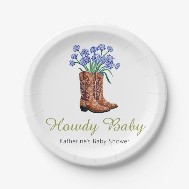 Howdy Baby Bluebonnets Cowboy Baby Shower Paper Plate (Front)