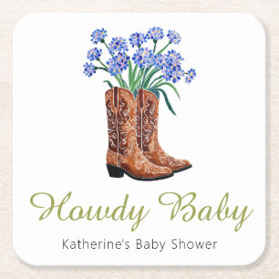 Howdy Baby Bluebonnets Cowboy Baby Shower Square Paper Coaster