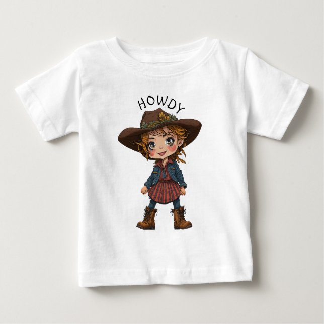 Howdy Cartoon Cowgirl in Cowboy Hat – Country Kids Baby T-Shirt (Front)