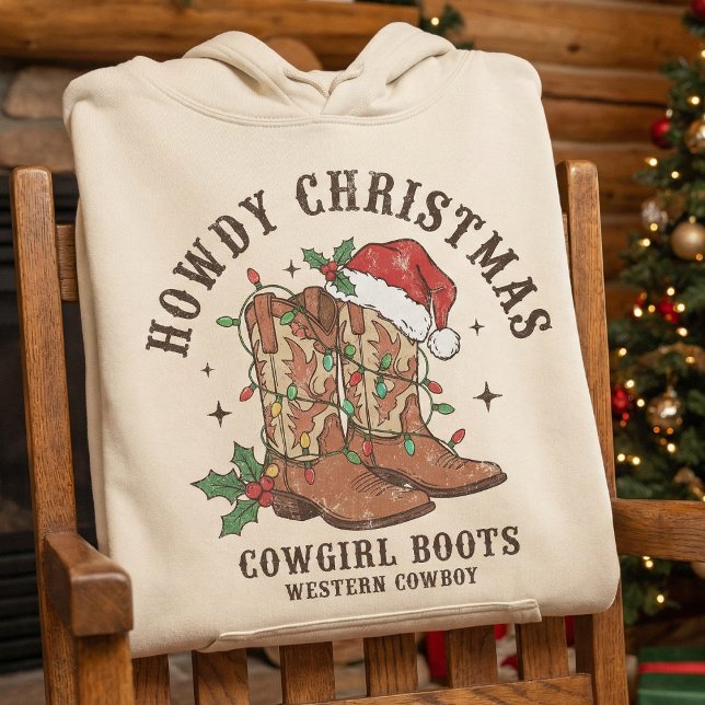 Howdy Christmas Cowgirl Boots Shirt,Retro Western Hoodie (Creator Uploaded)