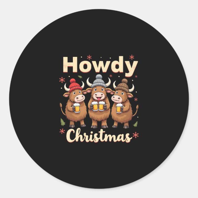 Howdy Christmas Funny Highland Cow Xmas Cows Lover Classic Round Sticker (Front)