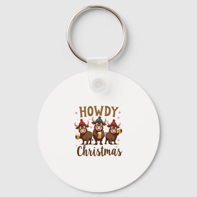 Howdy Christmas Funny Highland Cow Xmas Cows Lover Key Ring (Front)