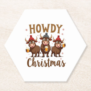 Howdy Christmas Funny Highland Cow Xmas Cows Lover Paper Coaster