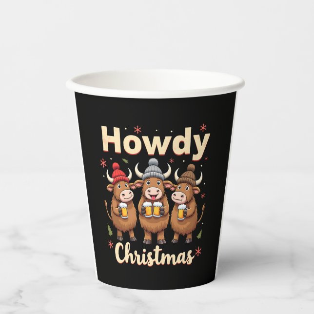 Howdy Christmas Funny Highland Cow Xmas Cows Lover Paper Cups (Front)