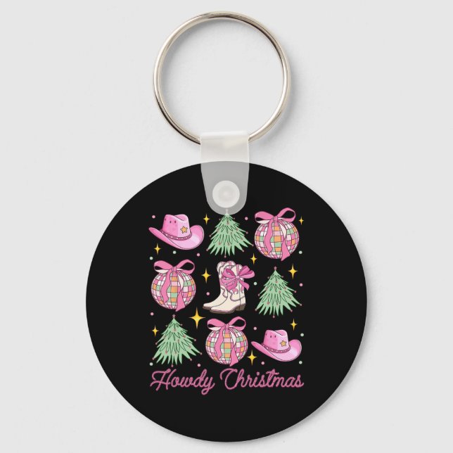 Howdy Christmas Pink Coquette Bow Xmas Tree Wester Key Ring (Front)