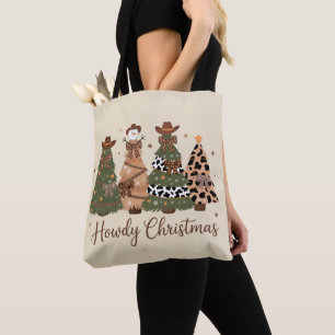 Howdy Christmas Western Retro Tree Cowboy Cowgirl  Tote Bag