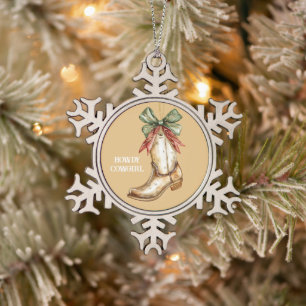 Howdy Cowgirl Boot Red Green Ribbon Snowflake Pewter Christmas Ornament