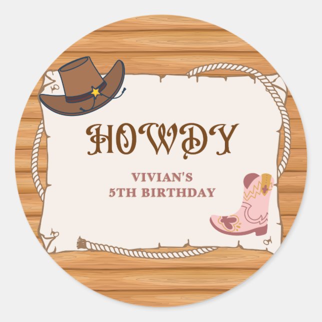 Howdy! Cowgirl Saddle Up Birthday Classic Round Sticker (Front)