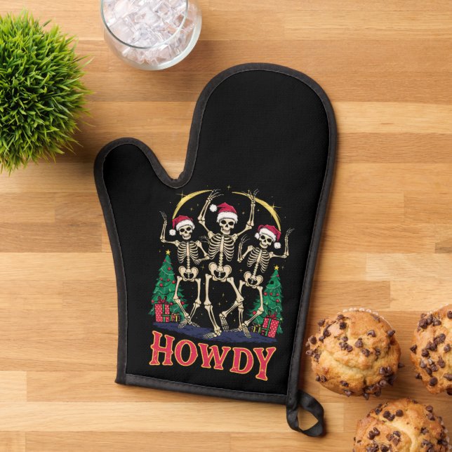 Howdy Dancing Skeleton Funny Christmas Holiday Oven Mitt (Top down)