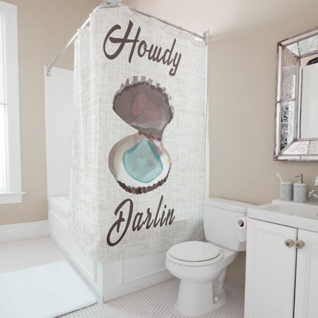 Howdy Darlin Coastal Oyster with Teal Sea Glass Shower Curtain (In Situ)