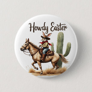 Howdy Easter Bunny Riding a Horse Cowboy  6 Cm Round Badge