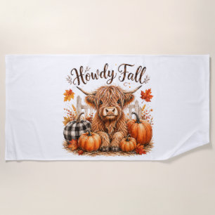 Howdy Fall Highland Cow Happy Thanksgiving Autumn Beach Towel