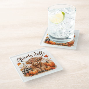 Howdy Fall Highland Cow Happy Thanksgiving Autumn Glass Coaster