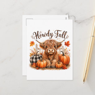 Howdy Fall Highland Cow Happy Thanksgiving Autumn Holiday Postcard