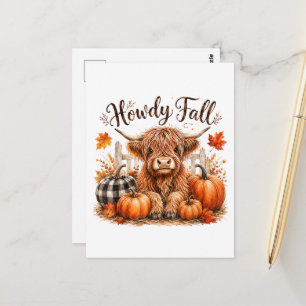 Howdy Fall Highland Cow Happy Thanksgiving Autumn Postcard