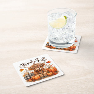 Howdy Fall Highland Cow Happy Thanksgiving Autumn Square Paper Coaster