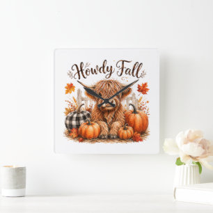 Howdy Fall Highland Cow Happy Thanksgiving Autumn Square Wall Clock