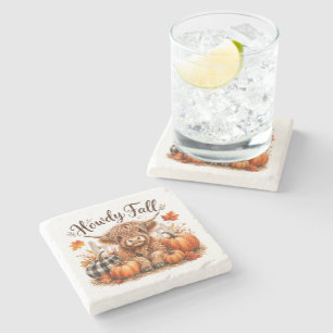 Howdy Fall Highland Cow Happy Thanksgiving Autumn Stone Coaster